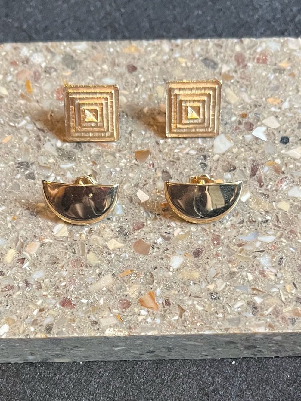 Vtg 1980s Avon Gold Tone Geometric Stud Earring Lot - 2 Pairs Pyramid Half Moon